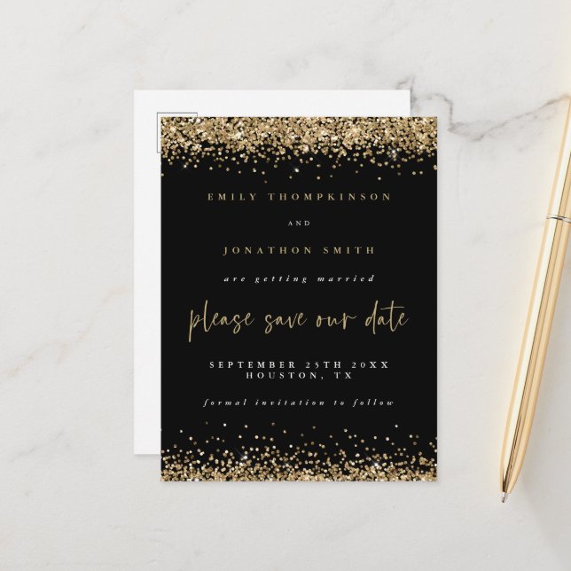 Gold Glitzer Borders Black Wedding Save the Date Ankündigungspostkarte (Vorderseite/Rückseite Beispiel)