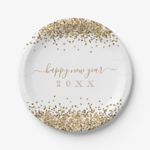 Gold Glitzer Borders Script glücklich Neues Jahr Pappteller