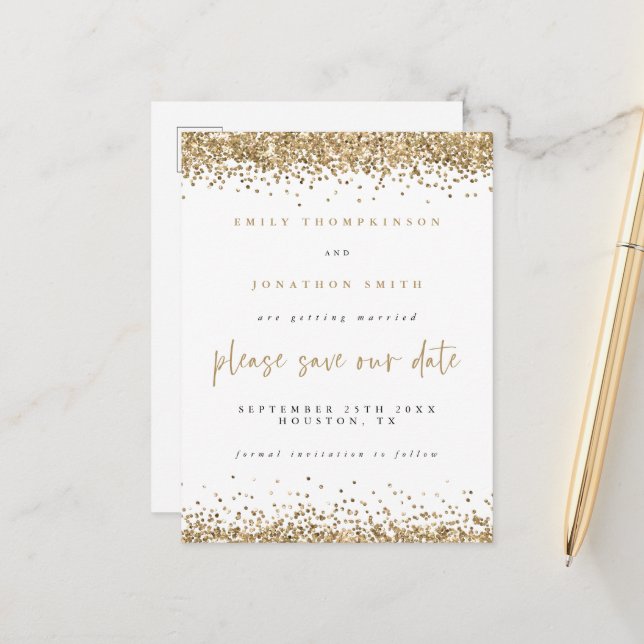 Gold Glitzer Borders Script Wedding Save the Date Ankündigungspostkarte (Vorderseite/Rückseite Beispiel)