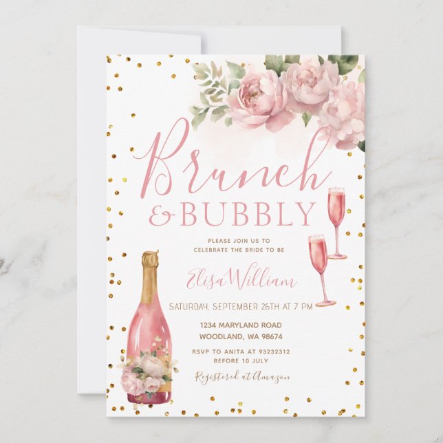 Gold Glitzer Brunch and Bubbly Brautparty Einladung (Vorderseite)