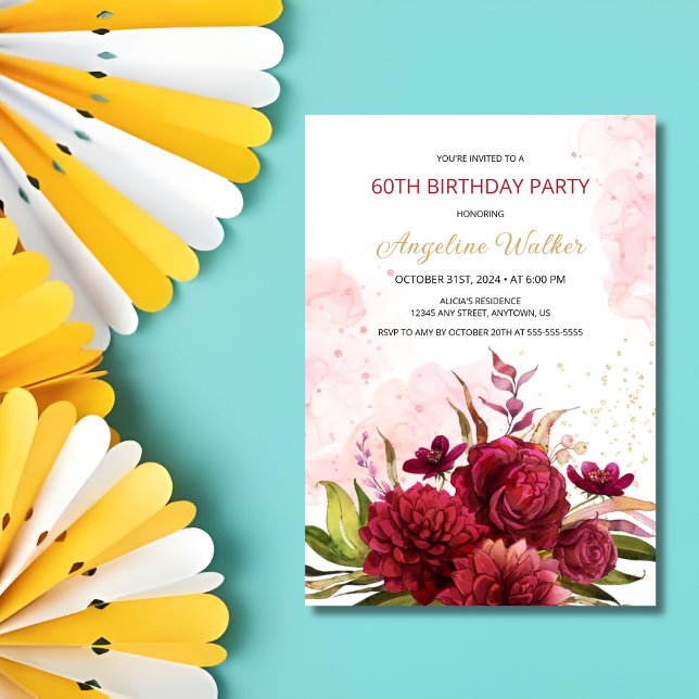 Gold Glitzer Burgundy Dahlia Rose Floral Geburtsta Einladung (Von Creator hochgeladen)