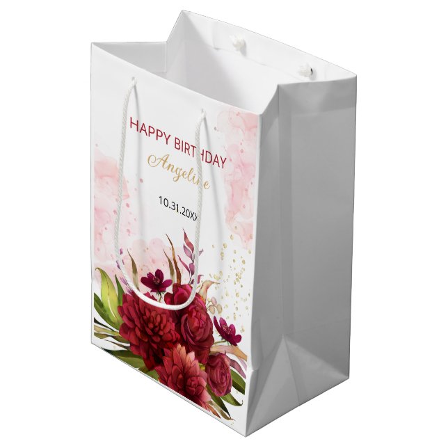 Gold Glitzer Burgundy Dahlia Rose Floral Geburtsta Mittlere Geschenktüte (Vorderseite Schrägansicht)