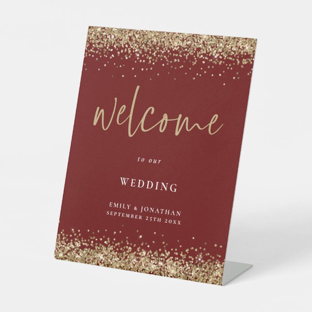 Gold Glitzer Burgundy Names Begrüßung Sockelschild (Vorderseite)