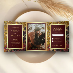 Gold Glitzer Burgundy Red Marble Foto Hochzeit Dreifach Gefaltete Einladung