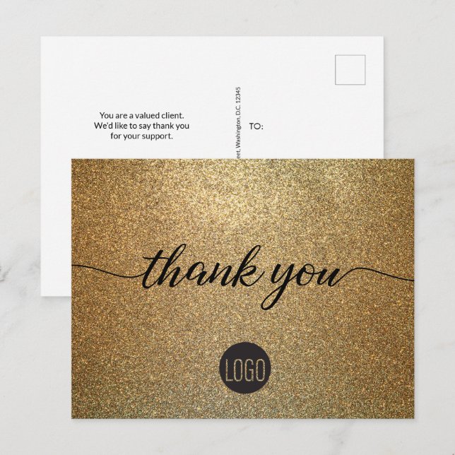 Gold Glitzer Business Logo Kunde Vielen Dank Postkarte (Vorne/Hinten)