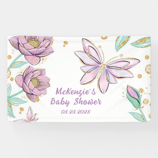 Gold Glitzer Butterfly and Flower Girl Babydusche Banner (Horizontal)