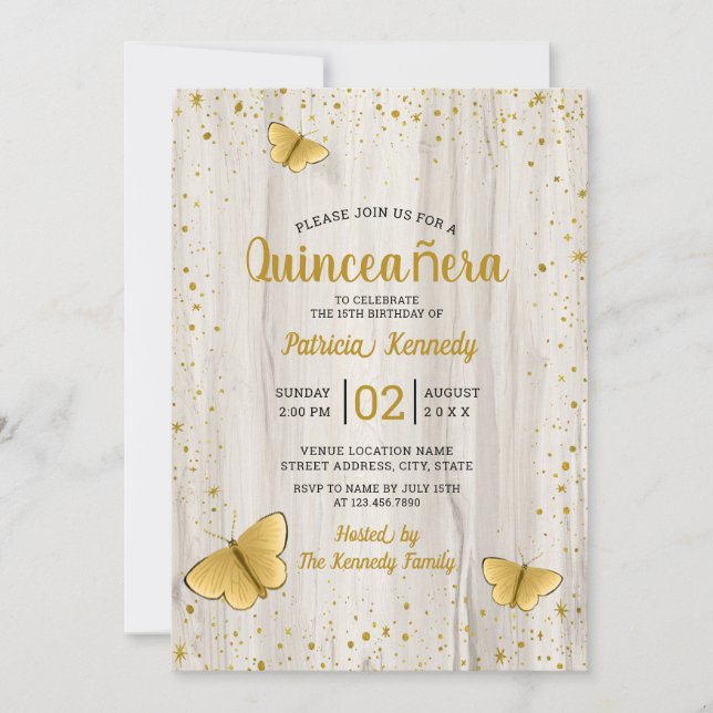 Gold Glitzer Butterfly Rustic Wood Quinceanera Einladung (Vorderseite)