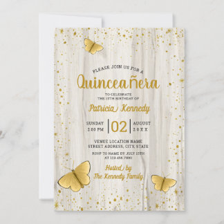 Gold Glitzer Butterfly Rustic Wood Quinceanera Einladung
