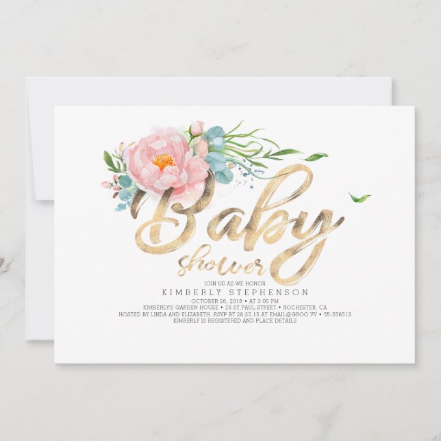 Gold Glitzer Calligraphy Pink Floral Baby Dusche Einladung (Vorderseite)