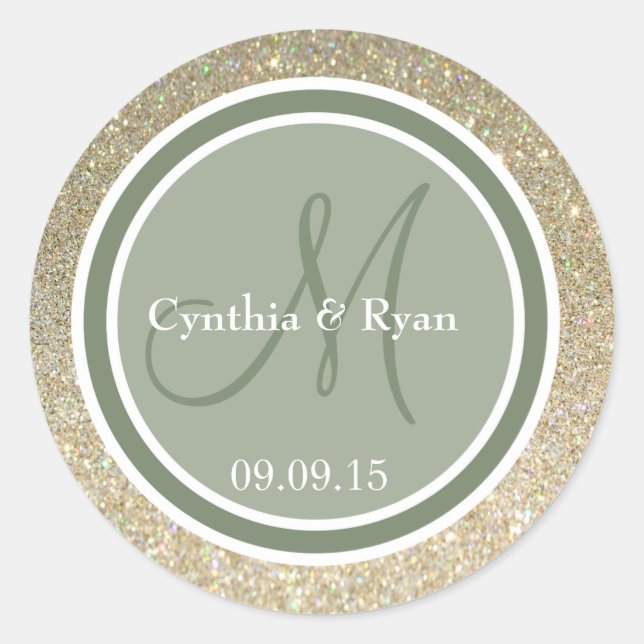 Gold Glitzer & Camouflage Green Wedding Monogram Runder Aufkleber (Vorderseite)