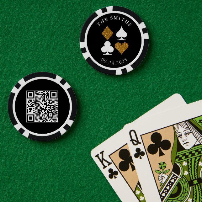 Gold Glitzer Card Anzug Hochzeitdatum Name QR-Code Pokerchips (Pokertisch (doppelt))