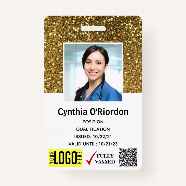 Gold Glitzer Caregiver QR Barcode Foto ID Abzeiche Ausweis (Vorderseite)