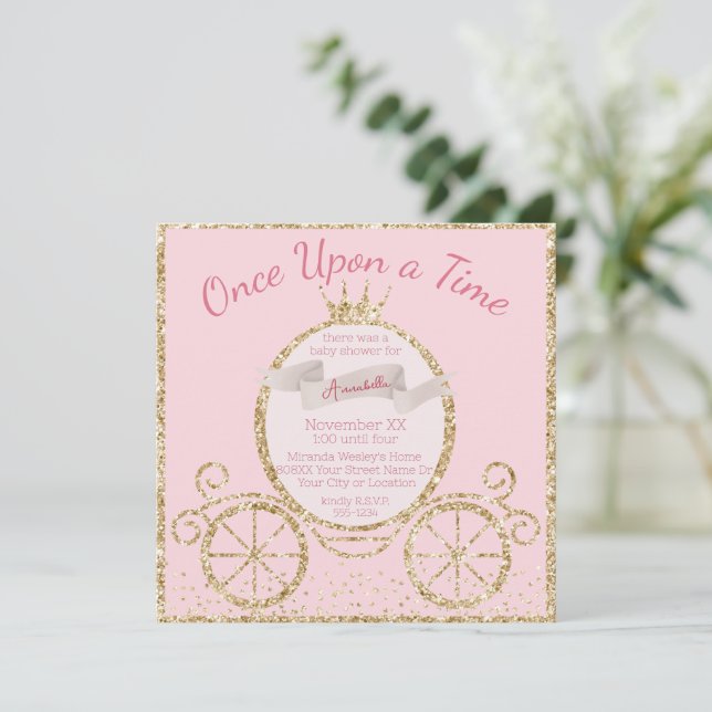 Gold Glitzer Carriage Mairy Tale Baby Dusche Einladung (Stehend Vorderseite)