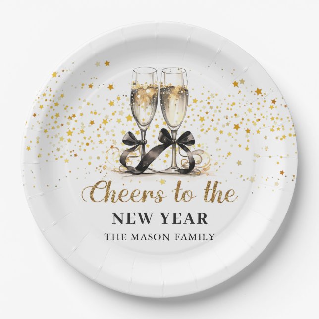 Gold Glitzer Cheers Silvester Party Pappteller (Vorderseite)