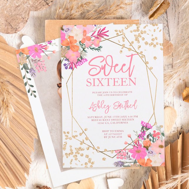 Gold Glitzer Chic florale Aquarell Foto Sweet 16 Einladung (Von Creator hochgeladen)