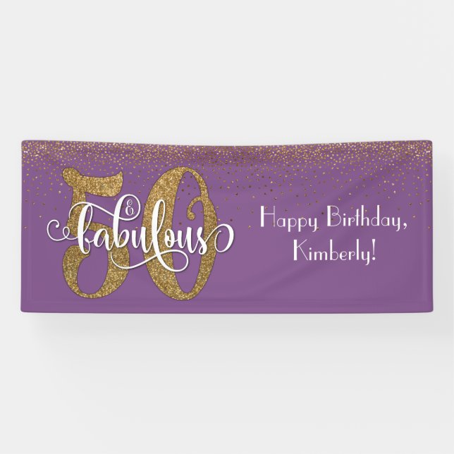 Gold Glitzer Confetti 50 & Fabulous, Lila Banner (Horizontal)