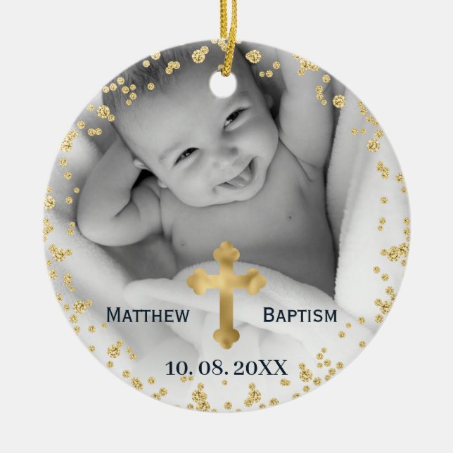 Gold Glitzer Confetti Baby Baptisc Foto Keramik Ornament (Vorne)