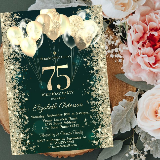 Gold Glitzer Confetti Balloons Green 75. Geburtsta Einladung (Von Creator hochgeladen)
