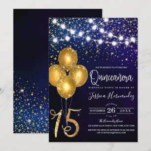 Gold Glitzer Confetti Balloons Lights Quinceañera Einladung