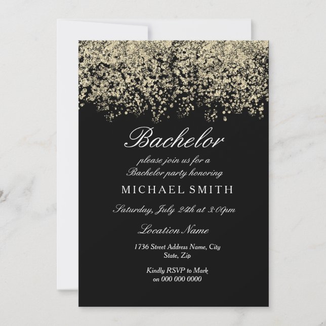 Gold Glitzer Confetti Black Bachelor Party Einladung (Vorderseite)