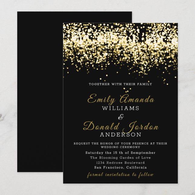 Gold Glitzer Confetti Black Wedding Einladung (Vorne/Hinten)
