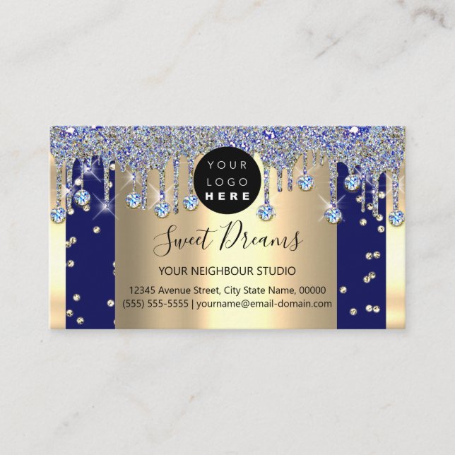 Gold Glitzer Confetti Blue Navy Tropfen Gerahmt Visitenkarte (Vorderseite)