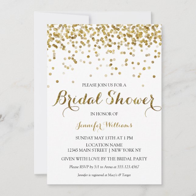 Gold Glitzer Confetti Bridal Dusche Einladung (Vorderseite)