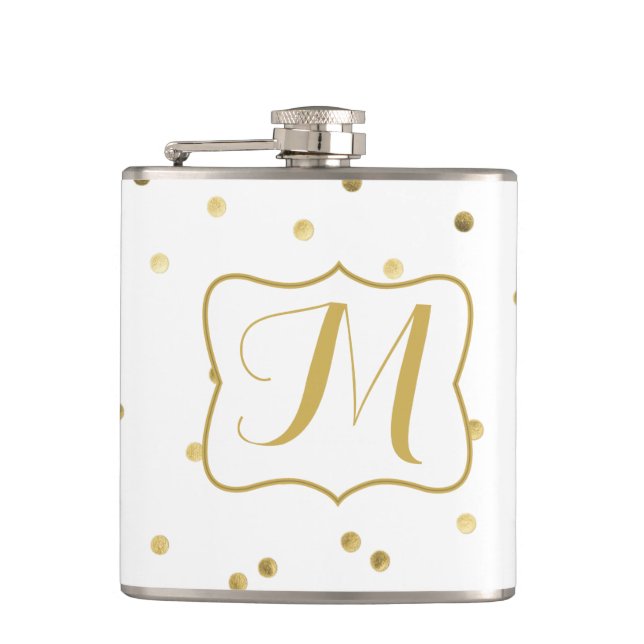 Gold Glitzer Confetti Dot Monogram Whiskey Flask Flachmann (Vorderseite)