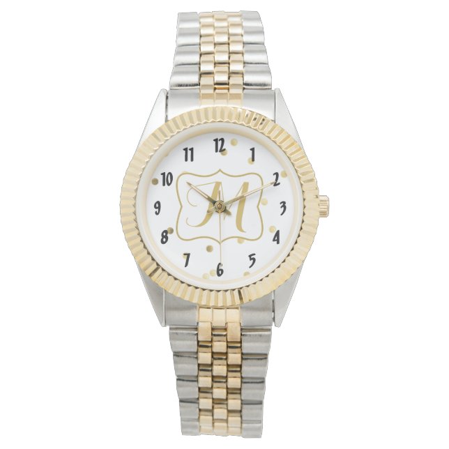 Gold Glitzer Confetti Dot Pol Monogram Armbanduhr (Vorderseite)