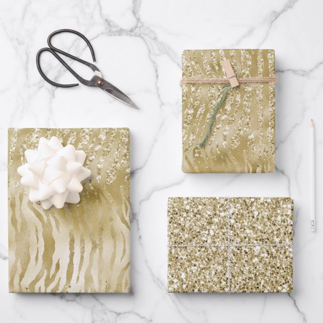 Gold Glitzer Confetti Glitzy Zebra Print Geschenkpapier Set (Vorderseite)