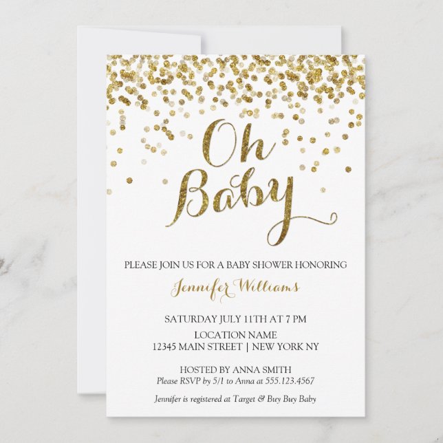 Gold Glitzer Confetti Oh Baby, Baby Dusche einlade Einladung (Vorderseite)