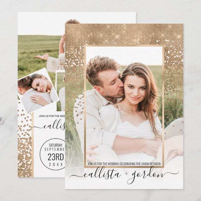 Gold Glitzer Confetti Ombre Foto Collage Wedding Einladung (Vorne/Hinten)