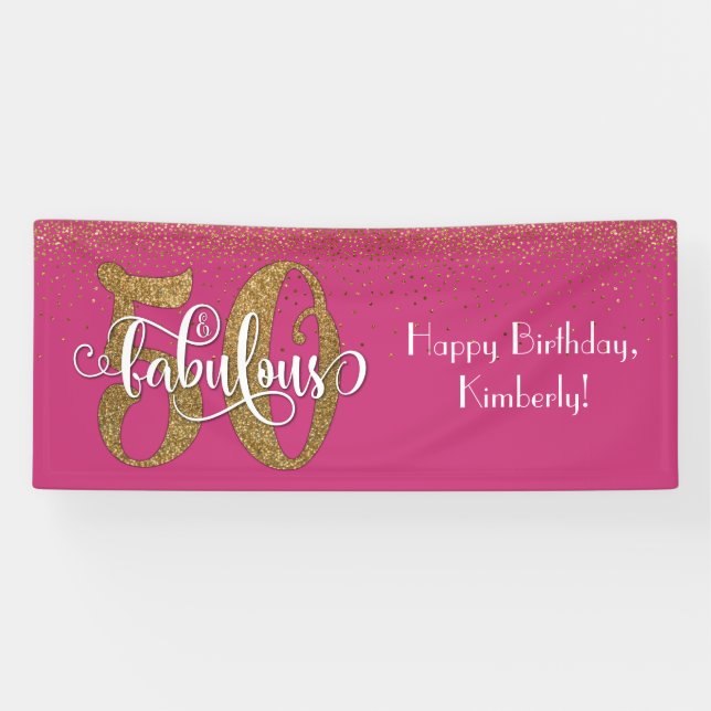 Gold Glitzer Confetti Pink 50 & Fabulous Geburtsta Banner (Horizontal)