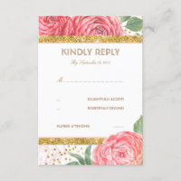 Gold Glitzer Confetti Pink Floral Wedding RSVP
