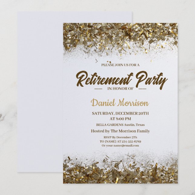 Gold Glitzer Confetti Retirement Party 2024 Einladung (Vorne/Hinten)