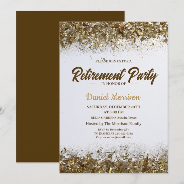 Gold Glitzer Confetti Retirement Party 2024 Einladung (Vorne/Hinten)