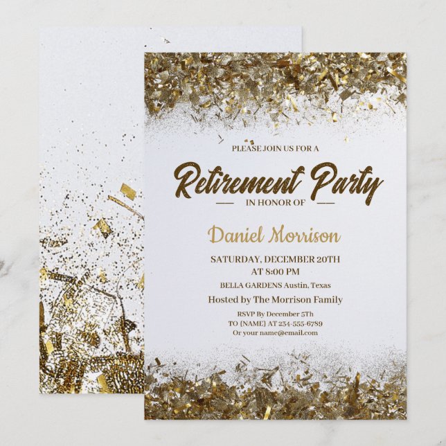 Gold Glitzer Confetti Retirement Party 2024 Einladung (Vorne/Hinten)