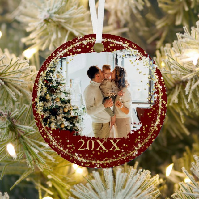 Gold Glitzer Confetti Rote Familie Foto Weihnachte Ornament Aus Metall (InSitu)