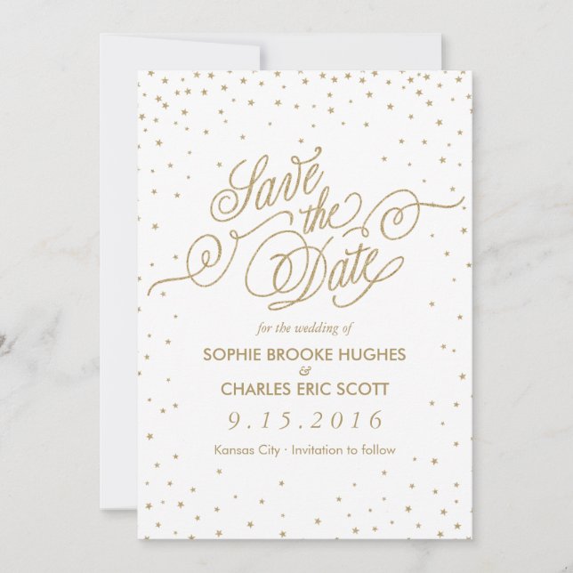 Gold Glitzer Confetti Stars Save the Date Extravag (Vorderseite)