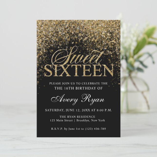 Gold Glitzer Confetti Sweet 16 Einladung (Stehend Vorderseite)
