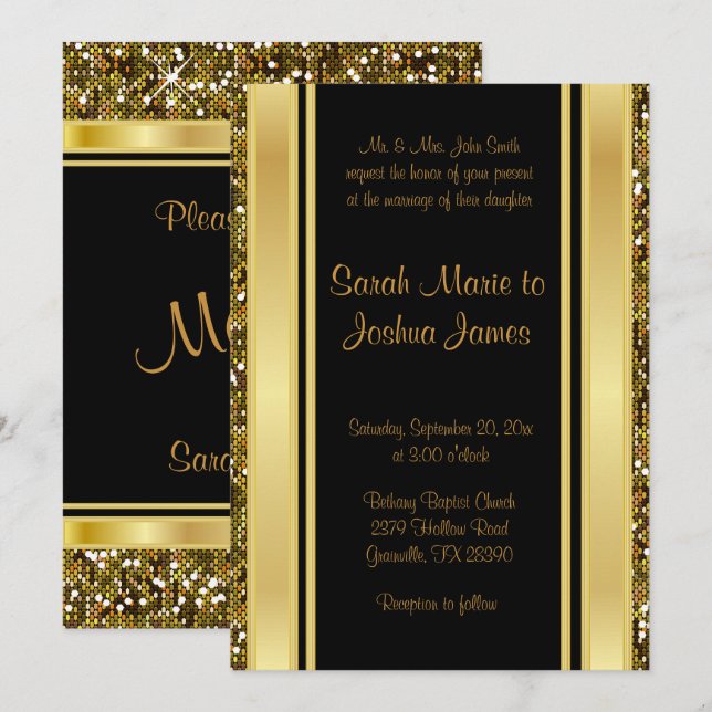 Gold Glitzer Confetti und Black Elegante Einladung (Vorne/Hinten)