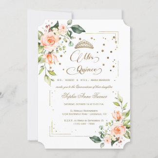 Gold Glitzer Coral Floral Mis Quince Quinceañera Einladung