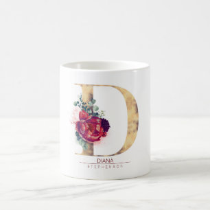 Gold Glitzer D Monogram Floral Burgund Red Kaffeetasse