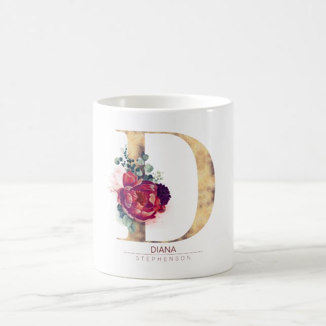 Gold Glitzer D Monogram Floral Burgund Red Kaffeetasse (Mittel)