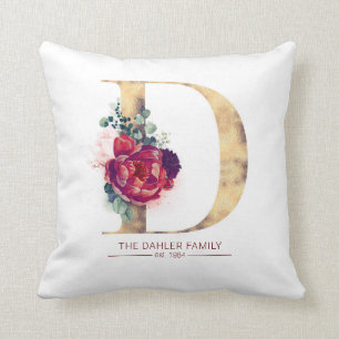 Gold Glitzer D Monogram Floral Burgund Red Kissen