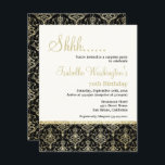 Gold Glitzer Damask 70. Überraschung Geburtstagspa Einladung<br><div class="desc">Gold Glitzer Damask 70. Überraschung Geburtstagsparty von Eugene Designs. Feiern Sie Ihren Überraschungsgeburtstag mit diesem edlen, eleganten Golddampfer auf schwarz. Der Glitzer ist für jeden Geschmack etwas dabei. Auf der Vorderseite befinden sich Vorlagenfelder, in denen Sie Ihre eigenen Angaben auf einem blassgelben Hintergrund platzieren können, und unten befindet sich ein...</div>