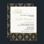 Gold Glitzer Damask 70. Überraschung Geburtstagspa Einladung<br><div class="desc">Gold Glitzer Damask 70. Überraschung Geburtstagsparty von Eugene Designs. Feiern Sie Ihren Überraschungsgeburtstag mit diesem edlen, eleganten Golddampfer auf schwarz. Der Glitzer ist für jeden Geschmack etwas dabei. Auf der Vorderseite befinden sich Vorlagenfelder, in denen Sie Ihre eigenen Angaben auf einem blassgelben Hintergrund platzieren können, und unten befindet sich ein...</div>