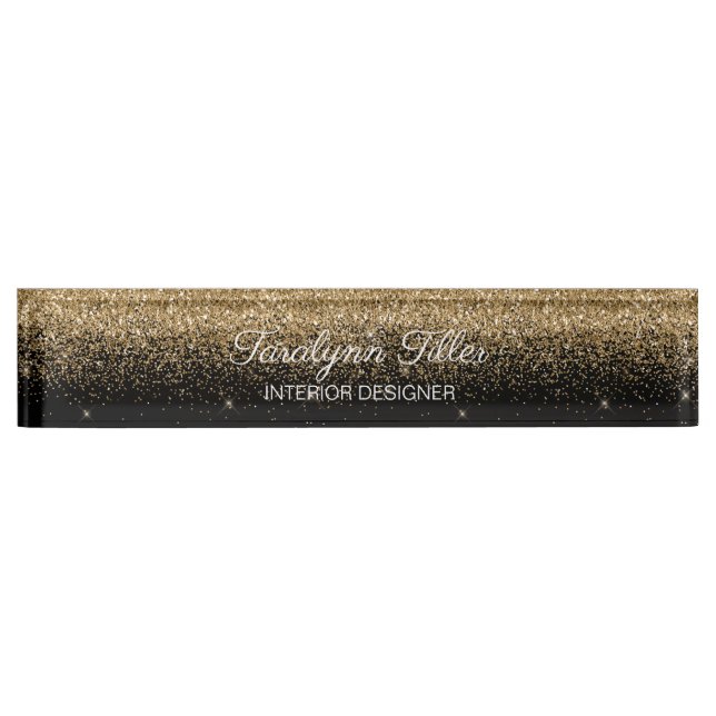 Gold Glitzer Desk Namplate Black Namensplakette (Vorderseite)