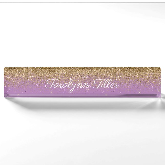 Gold Glitzer Desk Namplate Lila Namensplakette (Vorderseite)