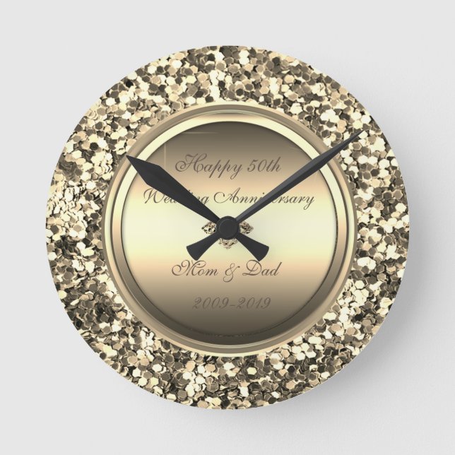 Gold Glitzer Diamond 50 Jahre Hochzeit Runde Wanduhr (Vorderseite)